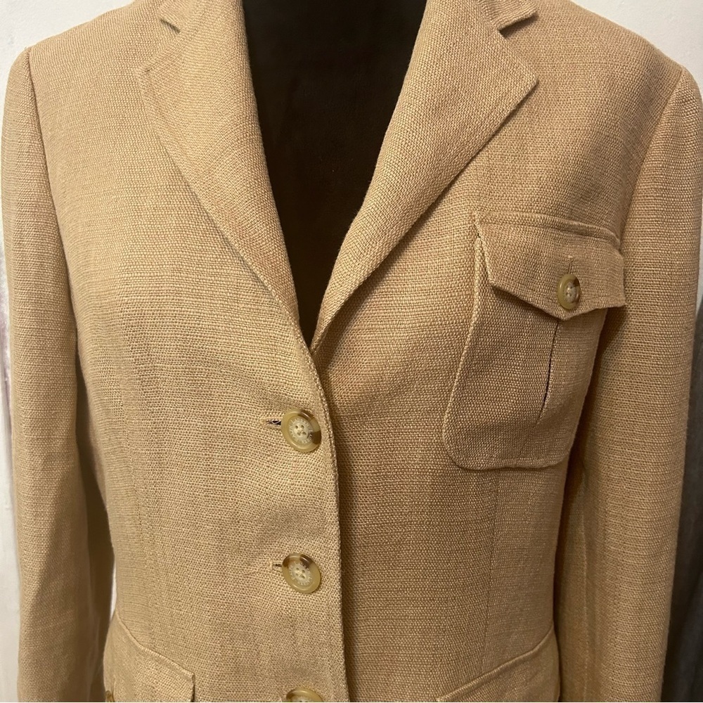 Lauren Ralph Lauren Women 109% Linen Blazer 12 Tan Brown Lined Pockets Career - Picture 2 of 10
